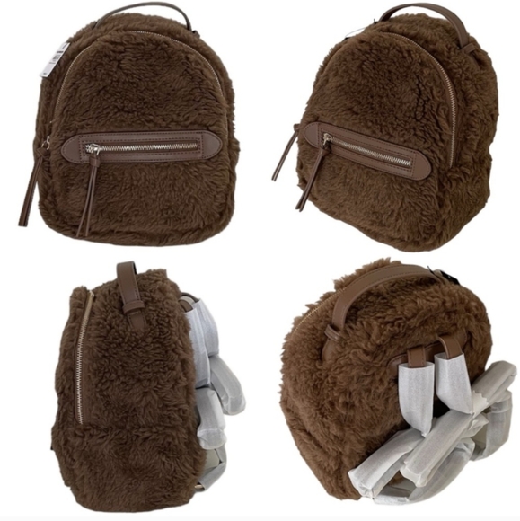 Express Teddy Fabric Plush Zip Up Brown Backpack with Adjustable Straps NWT - Picture 7 of 9